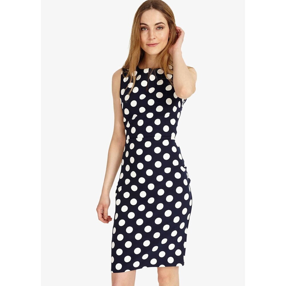 Phase Eight Katlyn 3/4 Keyhole Dress In Navy/Ivory Dots Size 8 US / 12 UK $189